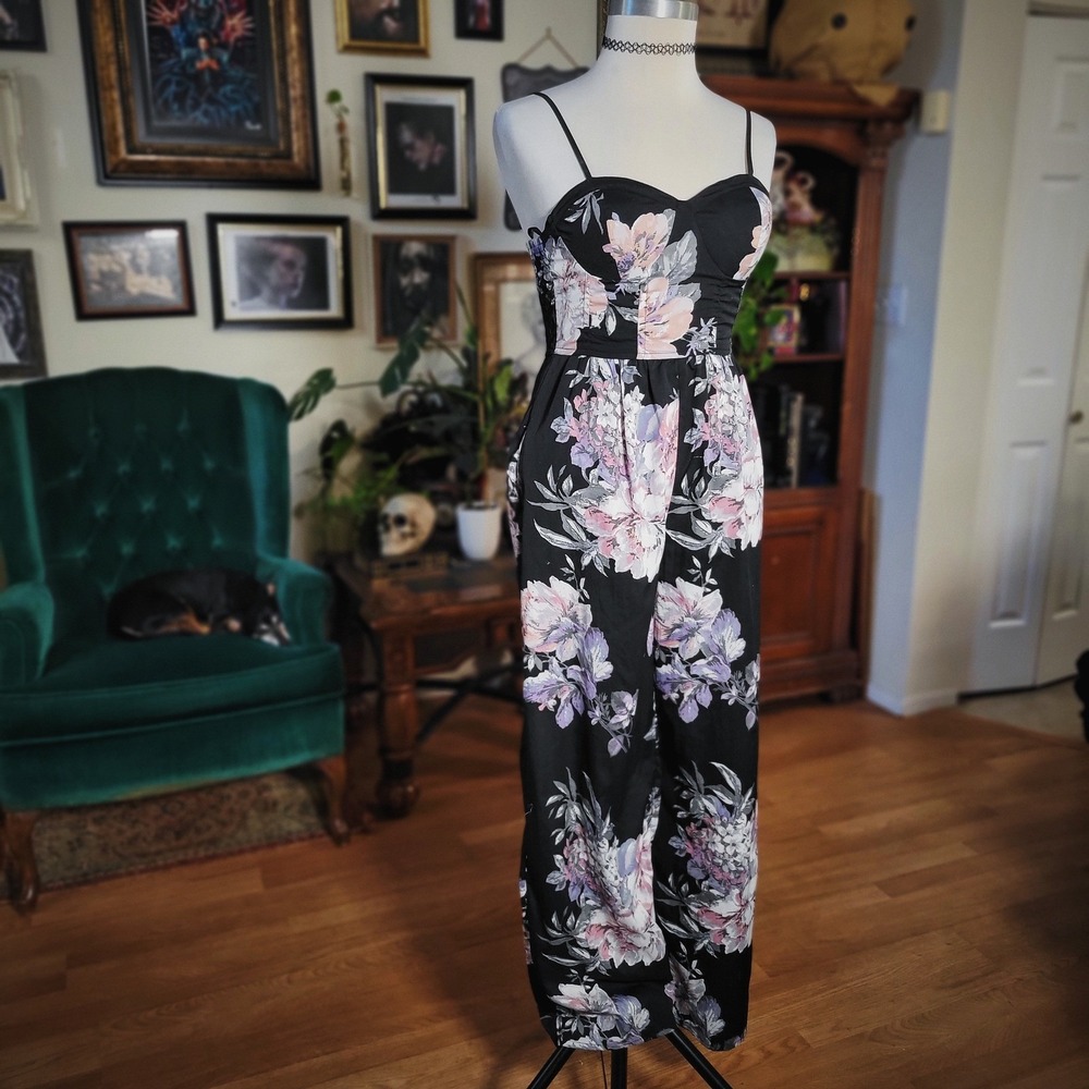 Band of Gypsies Jumpsuit Black Floral Wide Leg Sweetheart Neck Boho Romper XS